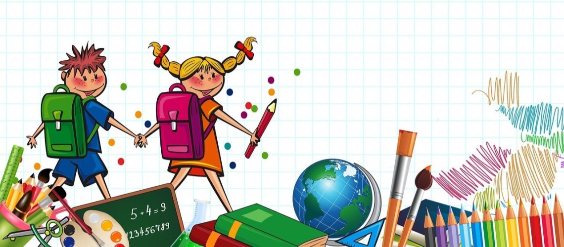 TEgnet bilde av 2 skolebarn ,globus, farger bøker 