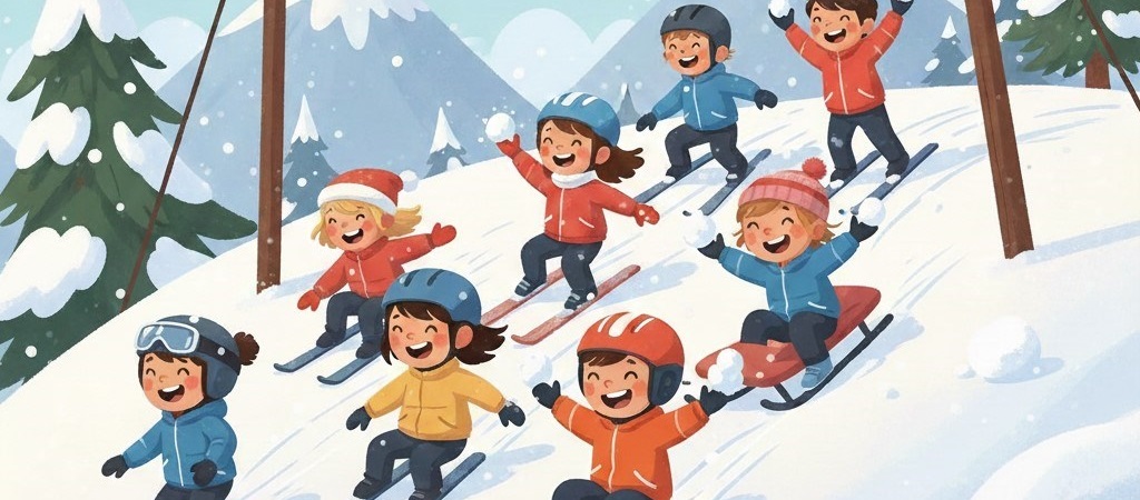 Barn som aker ned en bakke i vinterferien